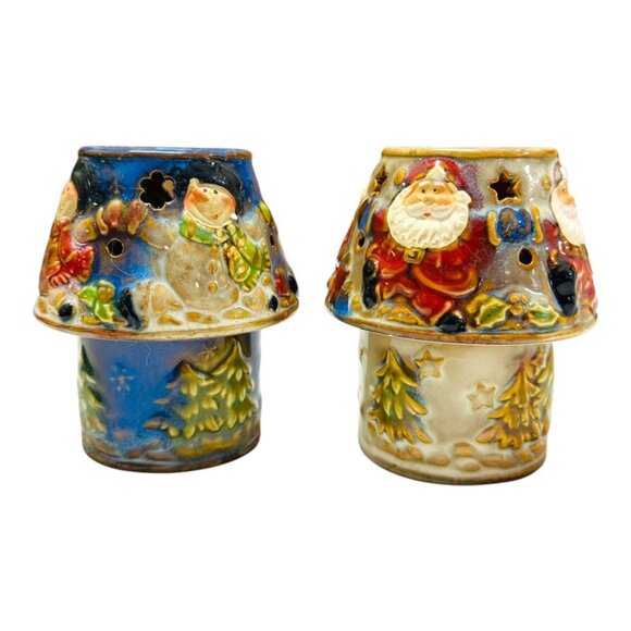 Kirklands Potters Garden Snowman & Santa Tea Light Lamps Hand-Painted Ceramic Vi - Picture 9 of 9